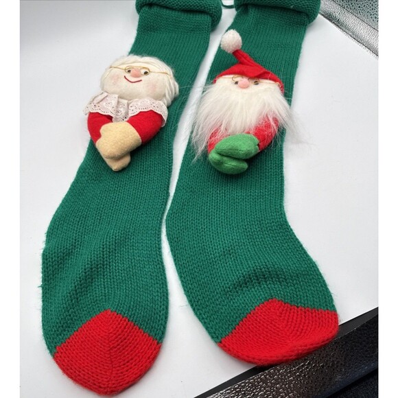 Vtg 22" Knit Christmas Stockings Santa & Mrs. Claus Pair Green Set Mom Dad - Picture 3 of 9